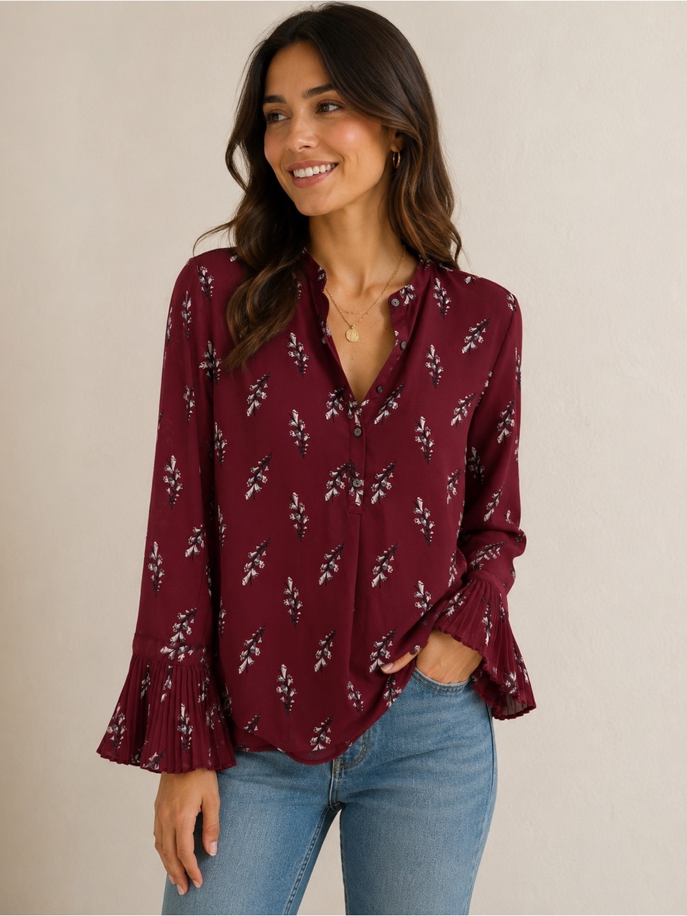 Ann Taylor Burgundy Floral Button-Front Blouse